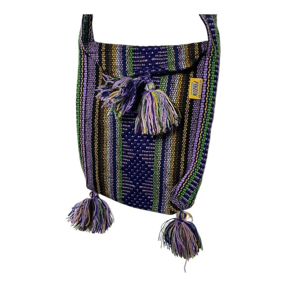Handwoven Purple Multicolor Cotton Ethnic Crossbody Bag With Tassels Striped Boh - Picture 2 of 4
